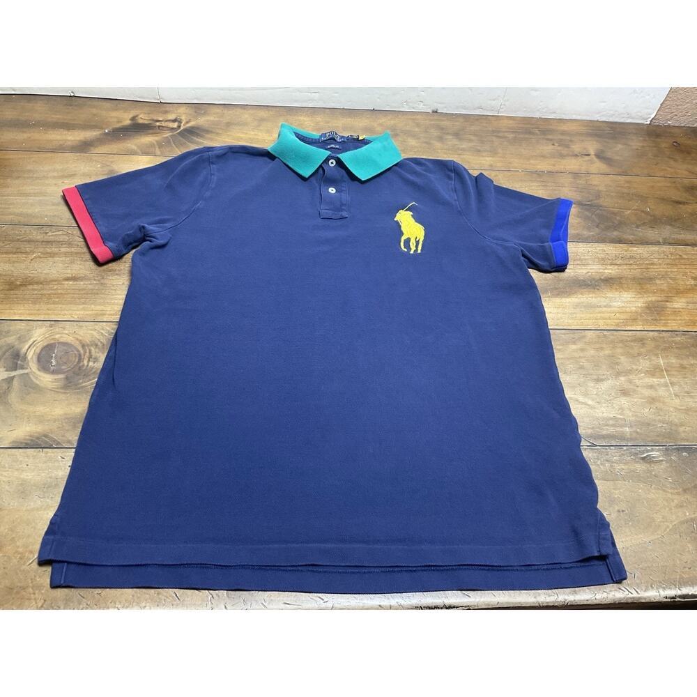 Polo Ralph Lauren Navy Blue Mesh Contrast Trim Polo Shirt Classic Fit Size Large